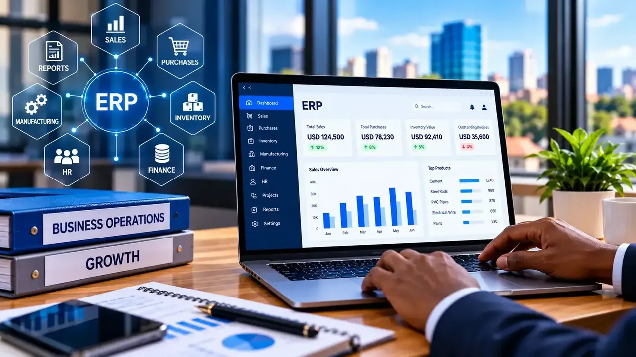 ERP and connected business operations interface on a laptop