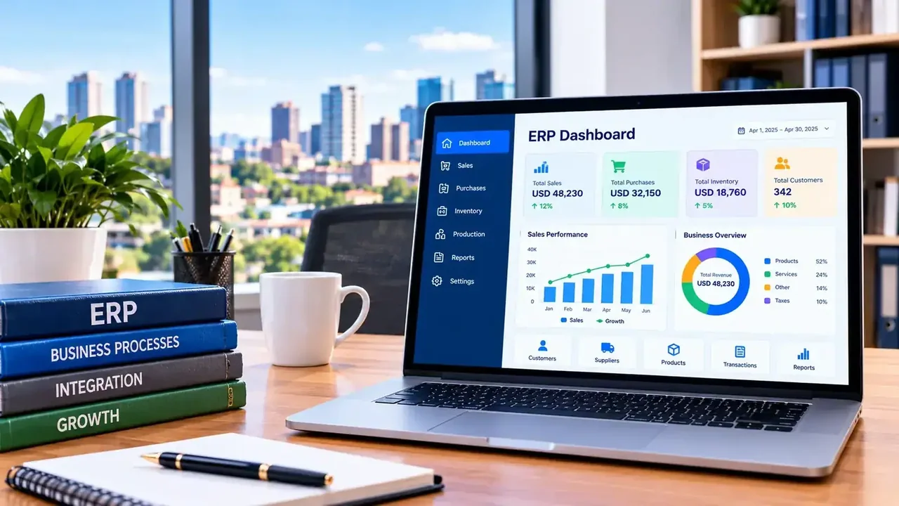 Laptop displaying an ERP dashboard in a modern office