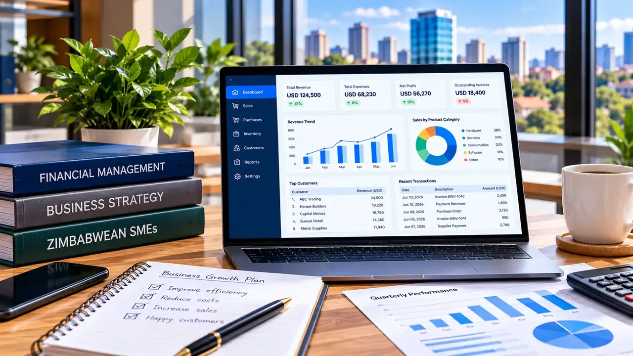 Finance dashboard and business planning materials in a Zimbabwean SME office